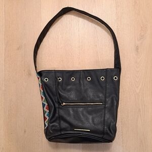 Steve Madden Black Faux Leather Colorful Aztec Strap Studded Medium‎ Bag Purse